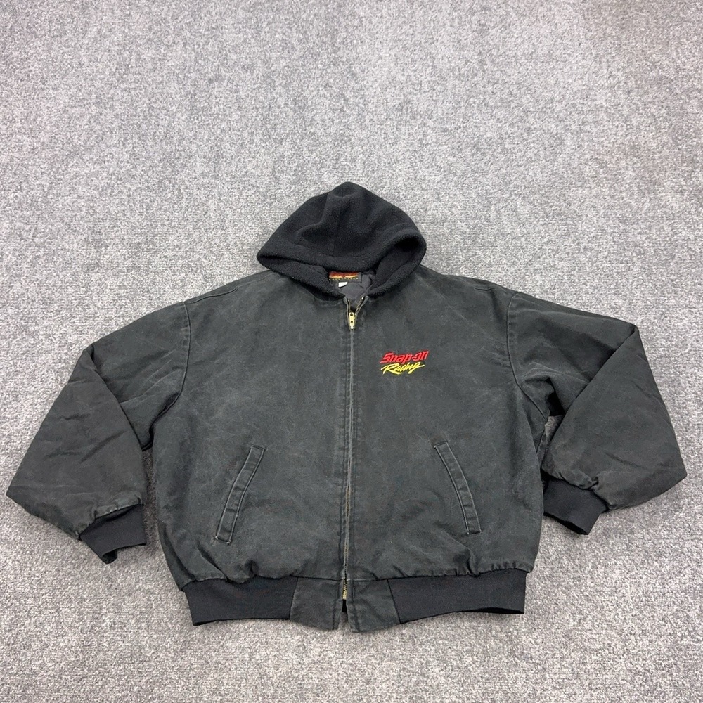 Snap-on Racing Jacket Mens XL Black Canvas Hooded Bomber Quilted Lined Workwear